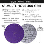 6-Inch 400 Grit Ceramic Multi-Hole Hook & Loop Sanding Discs - Advanced Grain for Fast Cutting & Long Life - Film-Backed Universal Fit Sandpaper for 6-in Sanders - 50 Pack Box