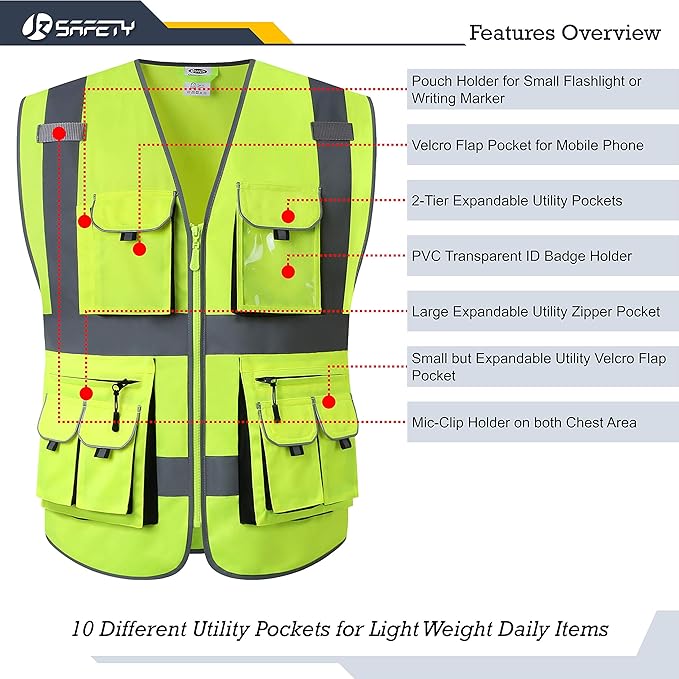 JKSafety 10 Pocket Class 2 High Visibility Zipper Front Yellow Safety Vest with High Reflective Strips - Meets ANSI/ISEA Standards (Large)
