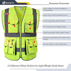 JKSafety 10 Pockets Class 2 High Visibility Zipper Front Safety Vest Yellow with High Reflective Strips Meets ANSI/ISEA Standards (88-Yellow, Medium)