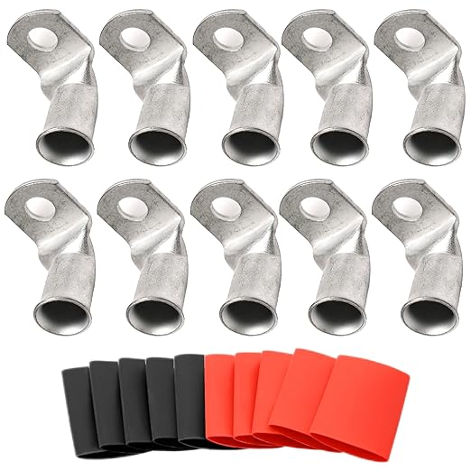Tinned Copper Cable Lugs 10pcs 8 AWG-5/16 90 Degree Bent Battery Lugs,Heavy Duty Wire Lugs,Ring Terminal,8 Guage terminals,Battery Cable Ends/Terminal Connectors with 10pcs 3:1 Heat Shrink Tubing