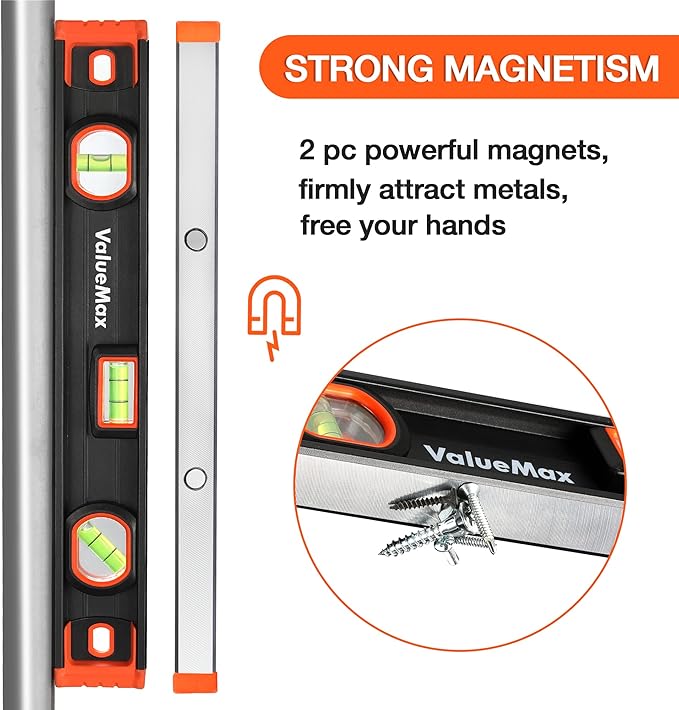 ValueMax 16-Inch Level, Magnetic Torpedo Level with 45°/90°/180° Bubbles, Aluminum Alloy Body, Precision-Machined Base, Shockproof Rubber End Caps, V-Groove & Hanging Hole for Construction, Carpentry