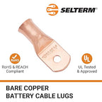 SELTERM 25pcs 3/0 AWG 1/4" Stud Battery Lugs, Ring Terminals, Heavy Duty Copper Wire Lugs, Battery Cable Ends, 000 Gauge Ring Terminal Connectors, UL Bare Copper Eyelets Electrical Battery Cable Lugs