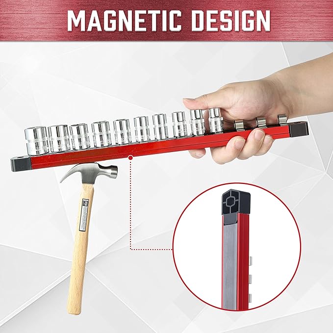 ALOANES 1/2-Inch Drive Magnetic Socket Organizer, Heavy Duty Aluminum Socket Rails, 11 Stainless Clips (Red)