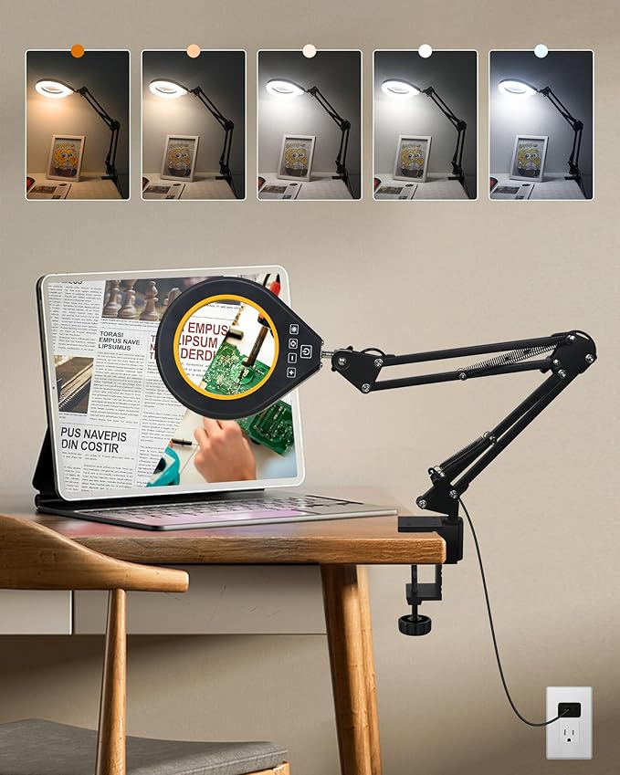 Magnifying Glass with Light, 10X & 5X Real Glass & Anti-Glare Lens, 5 Color Mode Stepless Dimmable LED Desk Magnifying Lamp, Hands-Free Desk Lamp with Clamp for Crafts Reading Repair Hobby (Yellow)