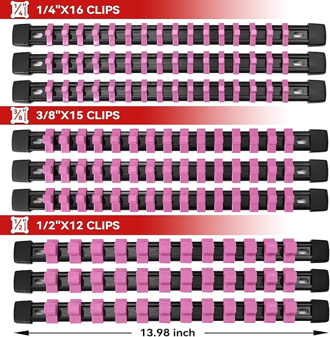 ALOANES 9pc ABS Socket Organizer Set, 1/2, 3/8 & 1/4 inch Drive Rail Holders, Heavy Duty Racks with Black Rails & Pink Clips