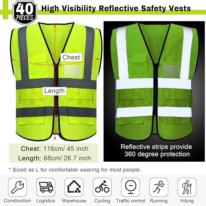 40 Pack Safety Vests Bulk Yellow Reflective High Visibility Vest with Mesh Pocket Zipper, Hi Vis Silver Strip for Men, Neon
