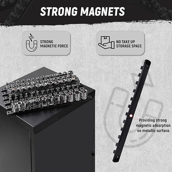 ALOANES Magnetic Socket Organizer, 3/8-Inch Drive Aluminum Socket Holder Socket Tray, Heavy Duty Socket Rail Organizer for Tool Box Drawer, 360°Swivel Clips Socket Rack 3/8-Inch x 14 Clips (Black)