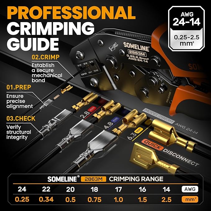 SOMELINE Spade Connector Crimping Tool Kit 24–14 AWG, 40 Types 2.8/4.8/6.3/7.8 mm Quick Disconnect Non-Insulated Connectors and Terminal Housings – Open Barrel Crimping Tool & Automatic Wire Stripper