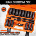 HORUSDY 1/2" Drive Impact Socket Set, 20 Pcs Metric (10mm - 24mm) Deep Socket Set, 6 Point, Cr-V, Includes 1/2-Inch Drive Ratchet Handle, Extension Bar, Universal Joint and Adapter