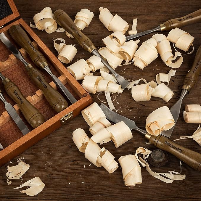 12-Pieces Woodworking Wood Carving Tools Chisel Set with Wooden Box, Razor Sharp CR-V 60 Steel Blades