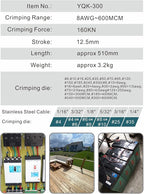 Industry Hydraulic Cable Lug Crimper 16 US TON 9 AWG to 600MCM Electrical Terminal Cable Wire Tool Kit with 13 Die (9awg~600mcm Crimping Tool)