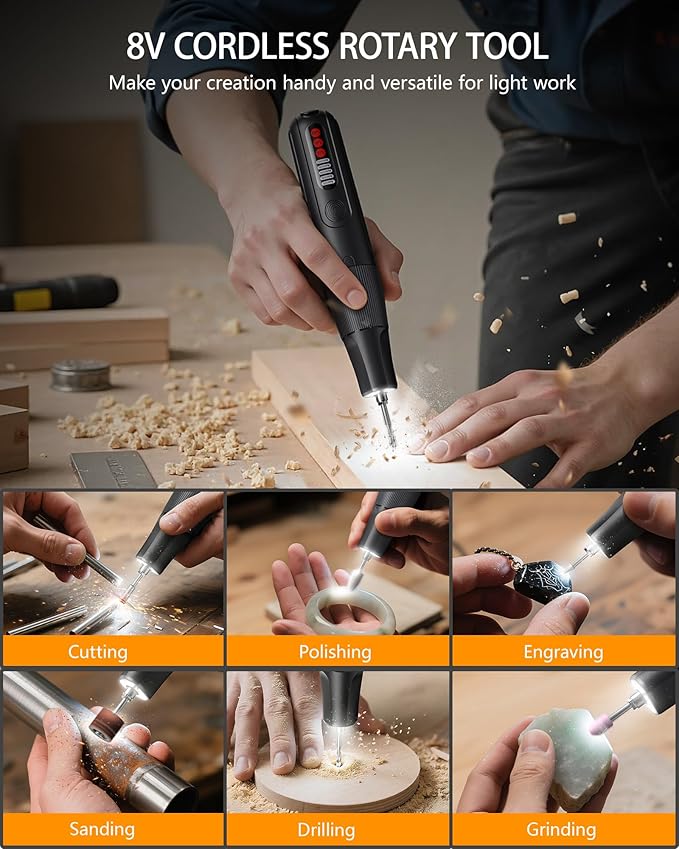 Cordless Rotary Tool, 8V Multi Tool with Auto-Lock Chuck & 5 Speed, 23,000RPM Rechargeable Engraver Kit with 62 Accessories, for Sanding, Polishing, Drilling, Carving, DIY Crafts