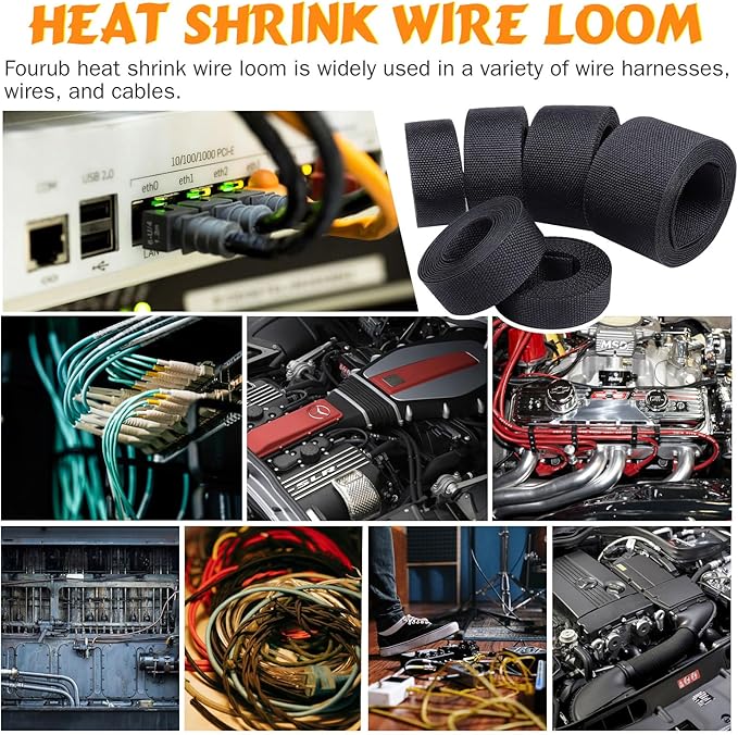 50% Ratio Heat Shrink Automotive Wire Loom Shrinkable Braided Sleeving Fabric Shrink Tubing Wear-Resistant Woven Wire Sheathing(1-1/8"-10ft)