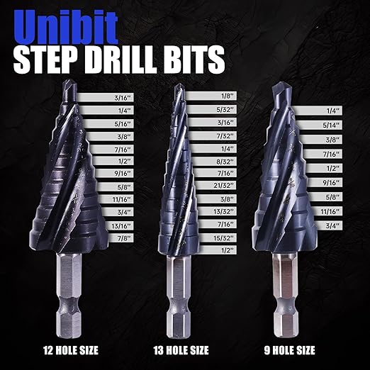 Four Spiral Flute Cobalt Step Drill Bit, 3/16"-7/8" M35 Cobalt Step Drill Bit Wear-Resistant AlTiN Coated, 1/4" Hex Shank for Hole Drilling in Stainless Steel, Copper, Aluminum, Wood, Plastic