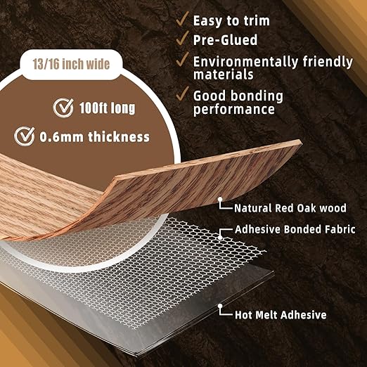 GSCIT Club Red Oak Edge Banding, 13/16 inch x 100ft roll of Veneer Edge Banding -Pre-glued Flexible, Real Wood Tape Banding for Cabinet Repair Furniture Restoration