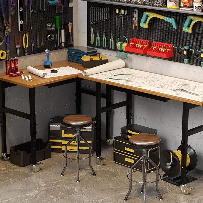 60” Adjustable Work Bench, Heavy Duty Work Table with Power Outlets & Drawers Wheels for Workshop, Garage, 3000 Lbs Capacity