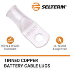 SELTERM 25pcs 2 AWG 1/4" Stud Marine Grade Tinned Copper Battery Cable Lugs, 2 Gauge Ring Terminals, UL Wire Lugs Electrical Battery Cable Ends, Tinned Copper Lugs Battery Terminal Connectors