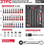 37Pieces Impact Screwdriver Bit & Socket Set with Mini Ratcheting Wrench, 30Pcs Impact S2 Screwdriver Bits, 5Pcs Sockets and 2-In-1 Bit Extension Holder Repair Tools