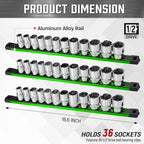 ALOANES 3-Piece Magnetic Socket Organizer, Heavy Duty Aluminum Socket Rails Organizer, 360° Swivel Clips Socket Holder Kit for Tool Box, 1/2-Inch Socket Holder x 36 Clips (Green)