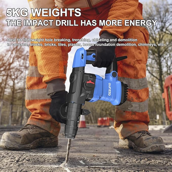 AZZUNO 1-1/4" SDS-Plus 15Amp Heavy Duty Rotary Hammer Drill, 4 Functions, for Drilling in Concrete, Brick and Stone, Includes Chisel and Drill Bits