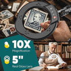 10X Magnifying Glass with Light and Stand，Real Glass Lens 5 Color Modes Dimmable LED Lighted Magnifier with Swing Arm Hands Free Magnifying Desk Lamp for Crafts Sewing Painting Reading Close Work