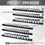 ALOANES 6-Piece Magnetic Socket Organizer, Heavy Duty Aluminum Socket Rails Organizer, 360° Swivel Clips Socket Holder Kit for Tool Box, 1/2, 3/8, 1/4-Inch Socket Holder x 80 Clips (Black)