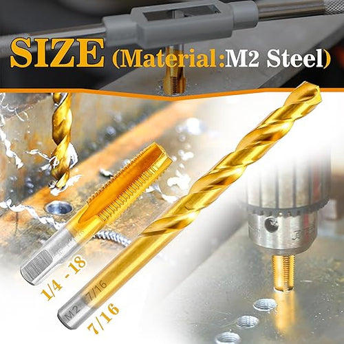 1/4-18 NPT Pipe Tap and 7/16" Drill Set,M2 HSS Hand Threading Plumbing Tap Set for Plumbers Mechanics DIY Thread Cutting Tools