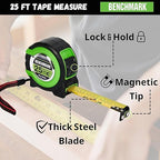 3 Pack - Tape Measures 25 ft - Easy to Read Fractions to 1/8th inch - Magnetic Tip - Thumb and Quick Lock - Autowind - Belt Clip - Green - Measuring Tape Retractable