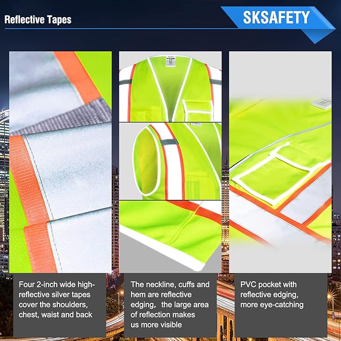 SKSAFETY 10 Pockets Safety Vest, Class 2 High Visibility Security with Zipper, Hi Vis Vest with Reflective Strips, ANSI/ISEA Standard, Construction Work Vest for Men ＆ Women （Lime, 3XL）