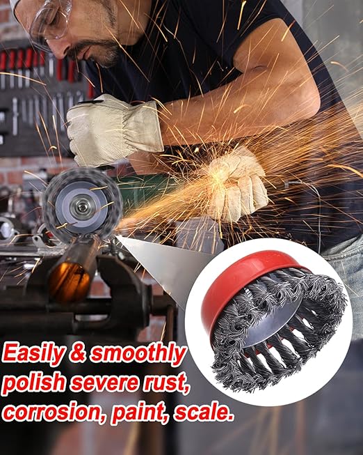 4" Wire Wheel Cup Brush, Coarse Twisted Knotted Wire Wheel for Angle Grinder, 5/8-11 Threaded Arbor, 0.02" Carbon Steel Wire Brush for Grinder, Heavy Cleaning Rust, Abrasive (12)