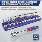 WORKPRO 32-Piece 3/8-inch Drive Metric Sockets and Ratchet-Including 30 Metric Deep and Shallow Sockets, 6-20mm with Magnetic Organizer and 72-Tooth Quick Release Reversible Ratchet for Auto Repair