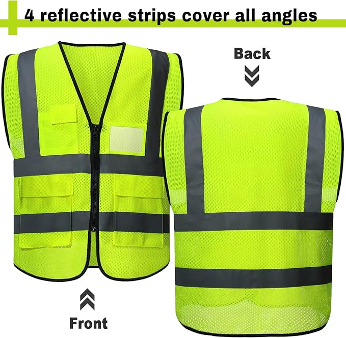 JaGely 12 Pack Reflective Safety Vests with Pockets, High Visibility Mesh Construction Vest for Men Women, Neon Yellow, Size L