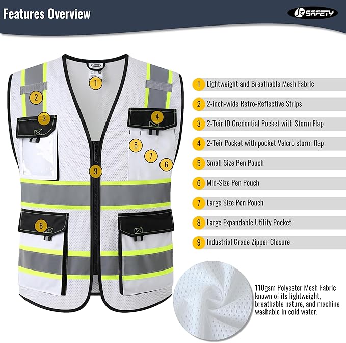 JKSafety Hi Vis Reflective Safety Vests for Men Women High Visibility Vest with Pockets Mesh Fabric Construction Safety Apparel Neon Vest for Work (220-White 3XL)