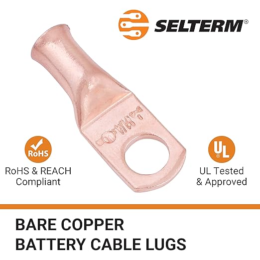 SELTERM 10pcs 8 AWG - 1/4" Stud - Battery Lugs, Heavy Duty Wire Lugs, Ring Terminals, Battery Cable Ends,8 Gauge Terminals, UL Bare Copper Eyelets Electrical Battery Terminal Connectors