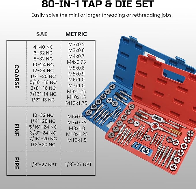 80pcs Tap and Die Set, SAE & Metric Tap Die Wrench Set, Metric Standard M3 to M12 Coarse Fine Rethreading Threads Bits for Cutting External and Internal Threads, NC, NF, NPT Repair Tools