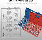 80pcs Tap and Die Set, SAE & Metric Tap Die Wrench Set, Metric Standard M3 to M12 Coarse Fine Rethreading Threads Bits for Cutting External and Internal Threads, NC, NF, NPT Repair Tools