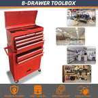 8-Drawer High Capacity Rolling Tool Chest, Big Storage Removable Tool Box Combo, Lockable Drawer Tool Cabinet for Workshop and Garage (Red)