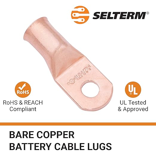 SELTERM 2pcs 2/0 AWG 5/16" Stud Copper Wire Lugs, Battery Lugs, Ring Terminals, Battery Cable Ends, 00 Gaug Ring Terminal Connectors, UL Heavy Duty Bare Copper Eyelets Battery Terminal Connectors