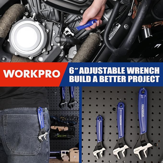 WORKPRO 6-Inch Adjustable Wrench, Wide Jaw Cr-V Steel Black Oxide Finish, for Medium-Size Bolts (M6–M16), Metric & SAE Scales, for Home, Garage, DIY & Workshop Use