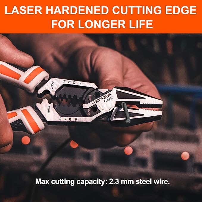 VANQUISH 8-in-1 Linesman Pliers, 8’’ Multipurpose Combination Pliers Wire Cutter/Crimper/Stripper, CRV Steel Hand Tool, Heavy Duty Side-Cutting Pliers for Crimping, Stripping, Shearing, Screwing, 3238