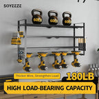 SOYEEZE Power Tool Organizer, Drill Holder Wall Mount, 4 Layers Tool Storage, Heavy Duty Garage 8 Drill Storage Shelf with Hammer/Screwdriver/Hooks Rack, Extra Large Capacity