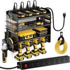 Power Tool Organizer Wall Mount with Charging Station,Tool Storage Rack with 8 Outlet Power Strip,Heavy Duty Metal Battery Utility Rack with 4 Cordless Drill Holder 6.56 Ft Cord for Garage