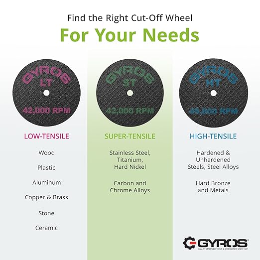 GYROS 1.75” Mini Resin Cut-Off Wheels for Rotary Tools, 12 Double Fiberglass Reinforced Cutting Discs, ST Materials Like Titanium, Carbon; Dremel Cutting Tool Accessory. Made in USA 11-41702/12
