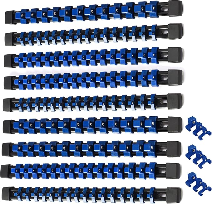 ALOANES 9 PC ABS Socket Organizer, 1/2 inch, 3/8 inch and 1/4 inch Drive Socket Rail Holders, Heavy Duty Socket Racks, Black Rails with Blue Clips