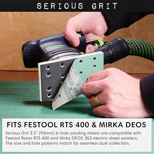 3" x 5" (80mm x 133mm) 14-Hole Sanding Sheet Assortment - 80, 120, 150, 180, 220 Grit (10 of Each) - Fits Festool RTS 400 & Mirka Deos 353 - Hook & Loop Sandpaper - 50 Pack Box