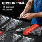 80 pcs MAGNETIC Modular Wrench Organizers for Tool Drawers - Wrench Rack with Metric & SAE Labels, Perfect Tool Storage Holder. Gift for father, brother and boyfriend (With Magent) (Black and Red)