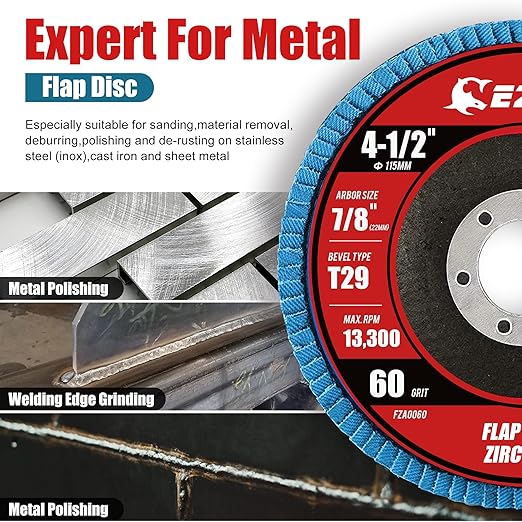 EZARC Flap Disc 4 1/2 Inch for Anger Grinder, 10 PCS 60 Grit Zirconia Grinder Sanding Disc, Type 29 Abrasive Grinding Wheel for Stainless Steel, Sheet Metal (7/8 inch Arbor Size)