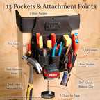 FESA Leather Electrician Tool Pouch - 13-in-1 Top Grain Leather Electrician Pouch w/Steel Hammer Loop, Tape Measure Clip, Tape T-Chain & 6 Pockets - Fits Belts up to 3" - Handcrafted