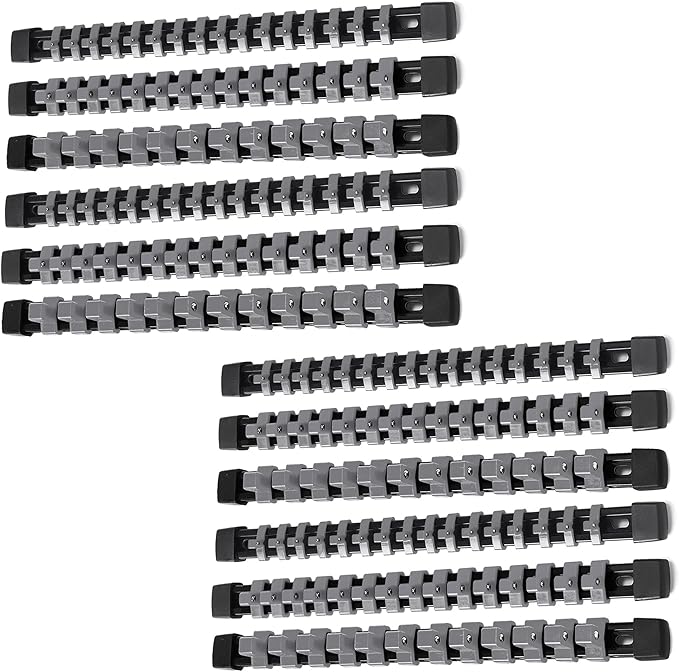 ALOANES 12-PC ABS Socket Organizer, 1/2", "3/8", "1/4" Drives, Heavy Duty Socket Racks, Black Rails with Gray Clips