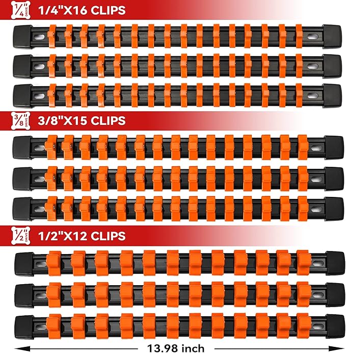 ALOANES 9 PC ABS Socket Organizer, 1/2 inch, 3/8 inch and 1/4 inch Drive Socket Rail Holders, Heavy Duty Socket Racks, Black Rails with Orange Clips
